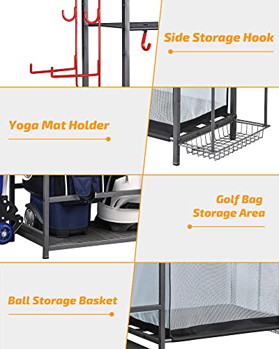 PLKOW Golf Storage Ball Rack Garage Organizer, 2 Golf Bag Organizer and Other Sports Equipment Organizer for Garage, Extra Large Size Sports Storage Rack for Garage