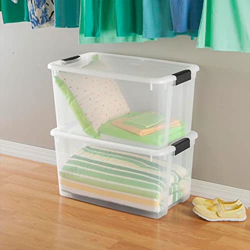 Sterilite Storage System Solution with 106 Quart Clear Latching Storage Tote, 4 Pack and 66 Quart Plastic Stackable Storage Tote, 4 Pack