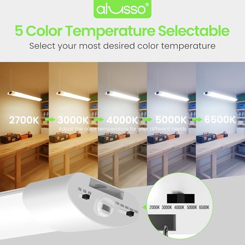 ALUSSO® LED Shop Lights 4FT for Garage, 4800LM Adjustable 20W/30W/40W, 5CCT 2700K 3000K 4000K 5000K 6500K, 120V, Warm to Cool Daylight Linkable Shop Lights for Workshop, ETL, 2 Pack