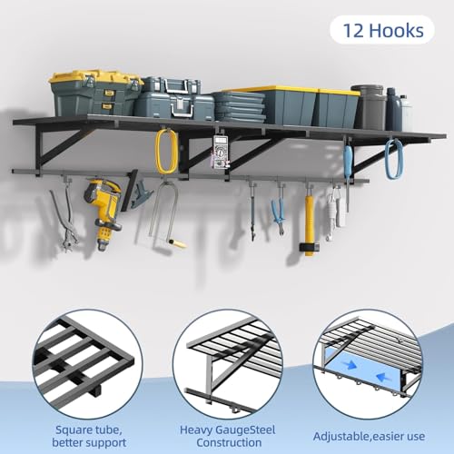 ZHNSYDN 2-Pack 2x4ft Garage Shelving Wall Mounted, Heavy Duty Garage Storage Shelves with 12 Hooks, 2' x 4' Wall Mount Shelves with 500LBS Capacaity