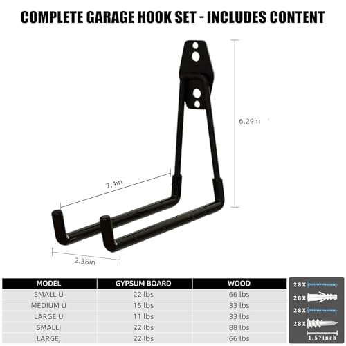 CRXCRC Garage Hooks, 4 Pack 7.7inch Large Square Wall Hooks for Hanging Heavy Duty Ladders, Bikes, Tools Ideal for Garage, Garden, Basement Utility Room Storage (Black)