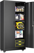 Greenvelly 73" Metal Storage Cabinet with Wheels, Black Garage Storage Cabinet with 4 Adjustable Shelves and Locking Doors, Garage Rolling Storage Cabinet for Warehouse, Garage, Home Office, School