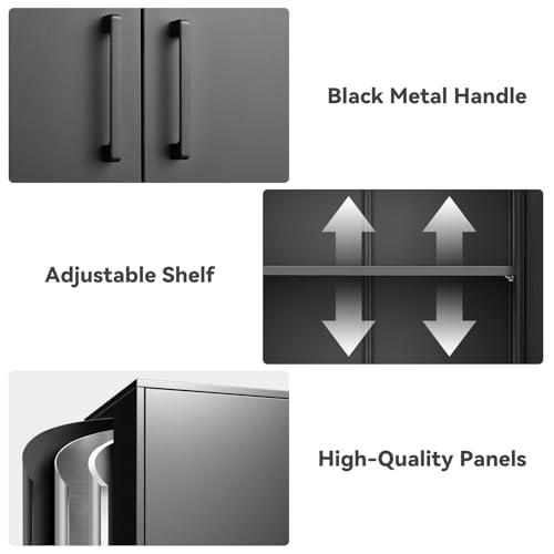 IRONFFICE Metal Wall Cabinet,Garage Cabinet with Handle,Lockable Storage Cabinets Wall Mounted with 2 Doors,Locking Cabinet with Shelves for Basement,Office,Living Home,Black