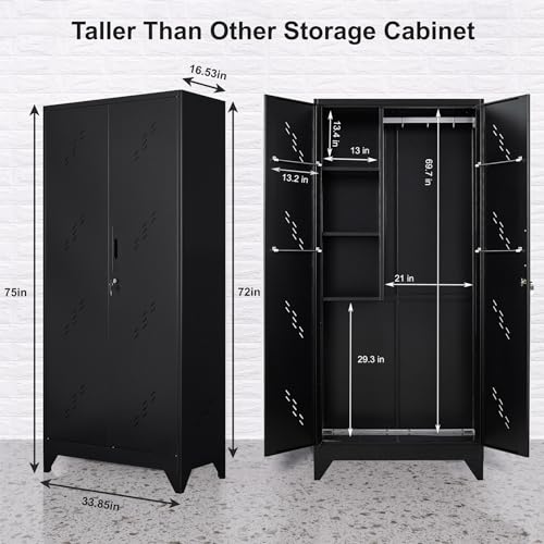 ZONLESON Metal Storage Cabinet, 75" Tall Garage Storage, Utility Cabinet for Brooms and Mops, Metal Locker with Hanging Rod for Garage, Home, Office, Laundry Room, School, Gym, Warehouses, Black