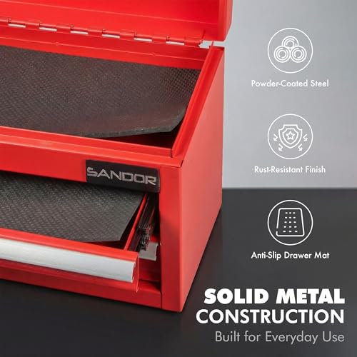 Mini Tool Box - Metal Tool Chest with 2 Drawers & PVC Drawer Liners for Workbench or Desk, Powder-Coated Steel Small Toolbox - Multi-Purpose Storage for Machinists Tools, DIY, 3D Printer Parts - Red