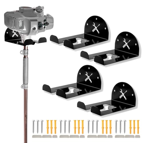 Upgraded Trimmer Rack Wall Mount - 8" Heavy Duty Weed Eater Hanger for Garage Wall, Garden Power Tool Holder Organizer Hooks for Grass Trimmer, Hedge Trimmer, Leaf Blower and Chainsaw, Black, 4 Pack