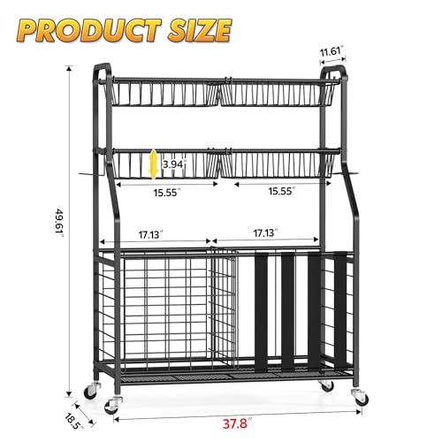 APEXCHASER Heavy Duty Sports Equipment Organizer, Garage Ball Storage Rack with Baskets & Hooks, Ball Organizer for Garage, Rolling Storage Cart for Basketball, Soccer Balls, Toys & Outdoor Gear