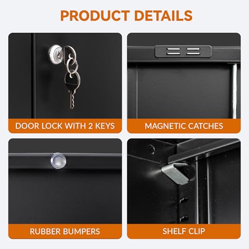 BESFUR Metal Storage Cabinet, Garage Storage Cabinet with 2 Adjustable Shelves, Locking Short Storage Cabinet for Office Garage Home, Black Metal Cabinets (36" H x 31.5" W x 16" D)