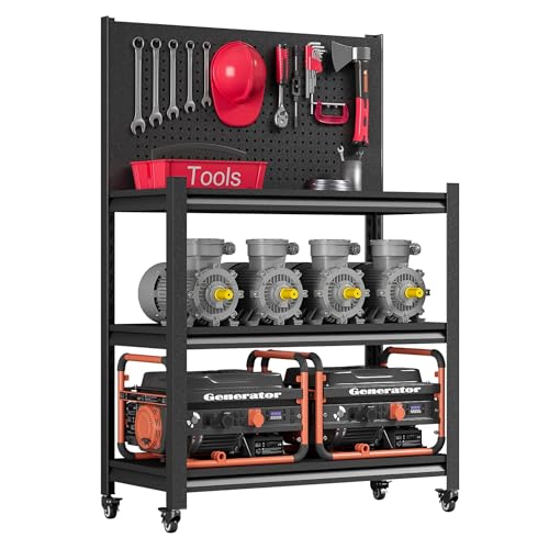 48" H Metal Garage Workbench with Pegboard,3-Tier Roling Tool Work Bench,Adjustable Heavy Duty Work Table on Wheels,Black Mobile Workstation for Garage Warehouse Workshop,Screwless Design