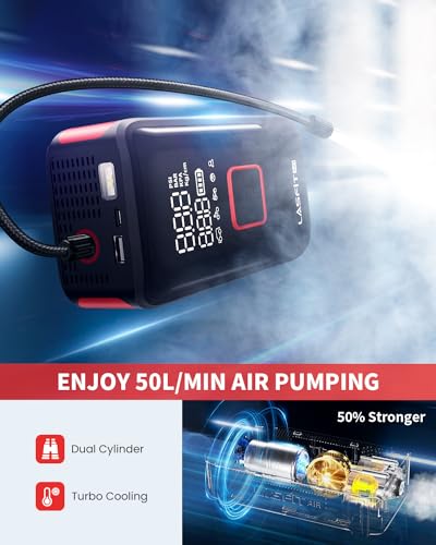 LASFIT TK1 Tire Inflator Portable Air Compressor, Cordless Tire Air Pump for Pickup Truck, SUVs, Heavy-Duty Car Air Pump with Larger 12000mAh Battery, 150PSI Digital Pressure Gauge, Smart Auto Stop