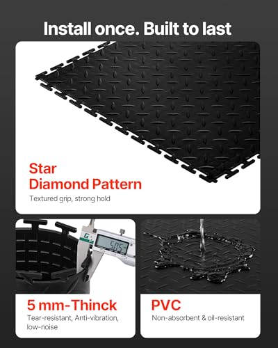 VEVOR Garage Floor Tiles 20.2 x 20.2 x 0.2 inch, Interlocking Ease of Installation Diamond Plate Slip-Resistant Texture Non-Slip Sturdiness, for Garages, Warehouse, Tool Room, Black, 8 Pack