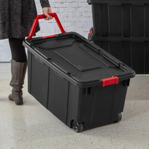 Sterilite 4-Pack Industrial Tote, Heavy-Duty Storage Bins w/Lids and Wheels, 40 Gallon - Stackable Organizing Containers for Home, Garage, Office, and Basement