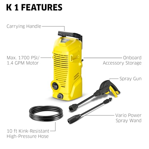 Kärcher Pressure Washer K 1, Max 1.45 GPM, 1700 PSI, Trigger Spray Gun & Vario Power Spray Wand - for Cars, Bikes, Deck, Driveways, Siding, Patios