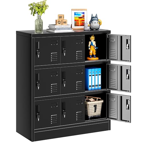 INTERGREAT 9 Door Storage Locker for Employee, Metal Locker for Office, Gym, Shool, Lockable Steel Locker with Lock and Card Slot for Home, Garage, Black