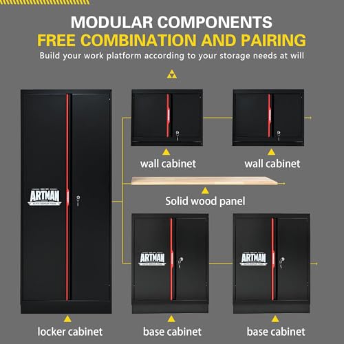 S.Walt Pre-Assembled Garage Storage Cabinet System, No Assembly Required, 6-Piece Workshop Cabinet Set in Black & Red with LED Lights, Wood Worktop, Key Locks, Adjustable Doors and Legs