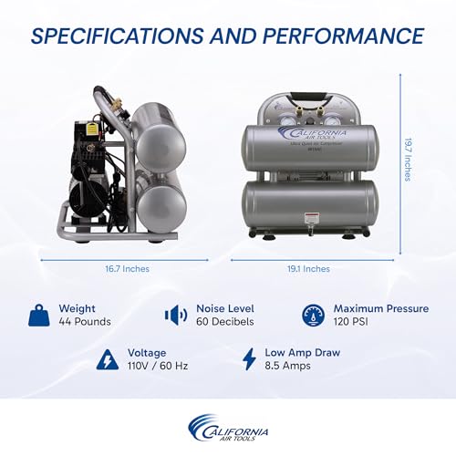 California Air Tools CAT-4610AC Ultra Quiet & Oil-Free 1.0 hp 4.6 gallon Aluminum Twin Tank Electric Portable Air Compressor, Silver