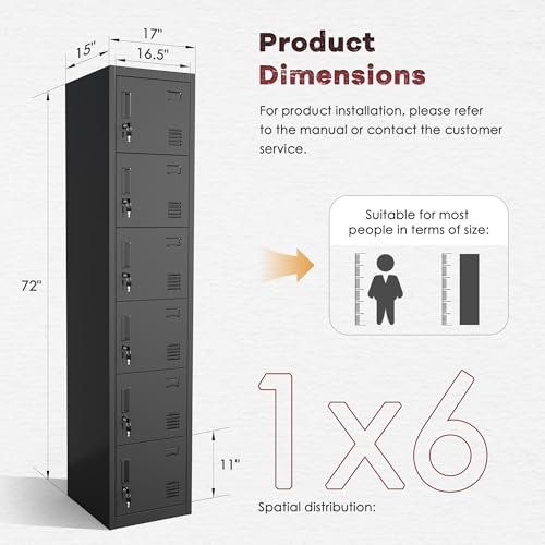 Bonusall Employees Lockers,Metal Office Storage Locker with 6 Door, Tall Steel Lockers with Keys and Lock for School, Gym, Home, Garage,Black