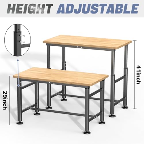 WALMANN Heavy Duty Adjustable Height Workbench 47.75" x 23.25", Rubber Wood Top Work Table for Garage, Workshop, 2000 lbs Load Capacity