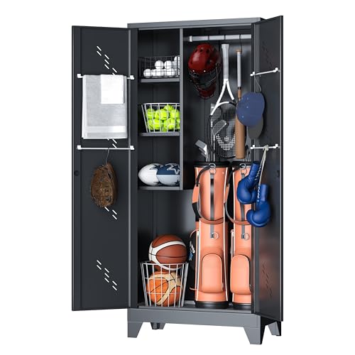 YILFANA Golf Bag Storage Cabinet Fits 2 Bags, Metal Golf Bag Organizer with Lockable Doors, 75" Sports Equipment Organizer for Garage, Home, Office, Gym