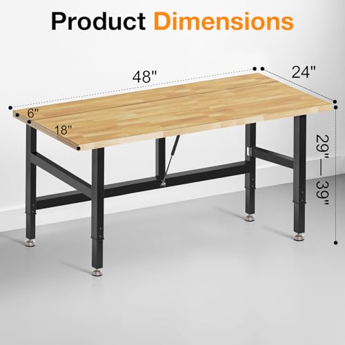 MUWOOD 48”Folding Workbench, 2000 LBS Capacity Heavy Duty Workbench, Height Adjustable Foldable Work Table, Rubberwood Collapsible Desk for Workshop, Garage, Office, Home