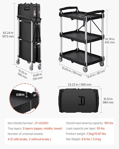 VEVOR Foldable Utility Service Cart, 165LBS 3 Shelf Heavy Duty Plastic Rolling Cart with 360° Swivel Wheels (2 with Brakes), Ergonomic Handle, Portable Garage Tool Cart for Warehouse Office Home