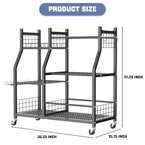 WALMANN Garden Tool Organizer with Wheels for Garage, Large Storage Capacity, Rakes/Shovels/Yard Tools Storage Stand for Shed, Garden, Indoor/Outdoor Long-Handled Tools Rolling Cart