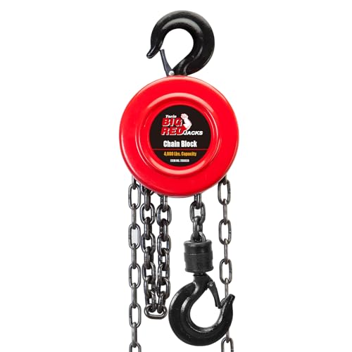 BIG RED TR9020 Torin Manual Hand Lift Steel Chain Block Hoist with 2 Hooks, 2 Ton (4,000 lb) Capacity, Red