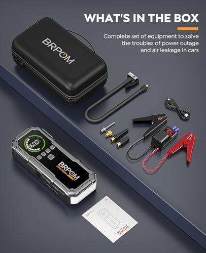 Jump Starter with Air Compressor, BRPOM 8000A Portable Car Jump Starter (All Petrol/12L Diesel), 160PSI 12V Battery Jump Starter Power Pack with Jump Clamps, LCD Screen, 600 Lumens Emergency Light