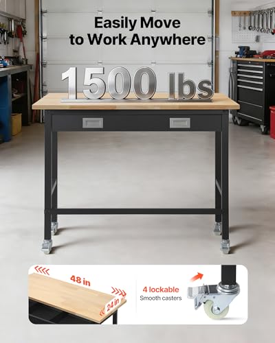 VEVOR 48-inch Workbench, 1500 lbs Load Capacity, Garage Workbench with Drawer Storage & Wheels, Workshop Bench on Wheels, Heavy Duty Oak Wood Top Work Table for Garage, Workshop, Office, and Home