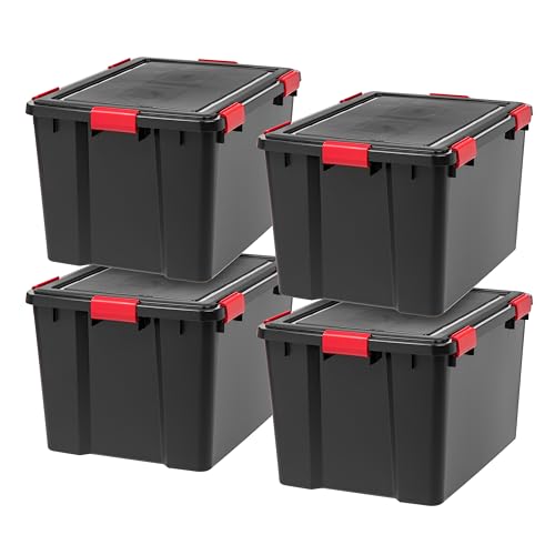 IRIS USA WeatherPro 74 Qt Storage Bins with Lids, 4 Pack, BPA-Free Plastic Gasket Box with Tight Latch and Seal, Stackable Nestable Tote Tub - Black/Red