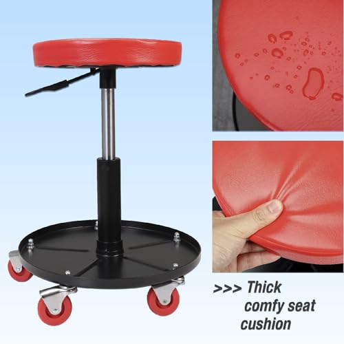 Big RED Creeper Garage/Shop Seat: Heavy Duty Rolling Pneumatic Padded Adjustable Mechanic Stool with Tool Tray Storage, Red Large
