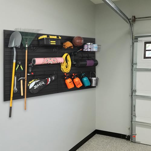 Aking Ace Slatwall Panel Garage Organizer PVC Slatwall Heavy Duty Wall Mounted Rack, Interlocking Slat Wall Panels for Tool Organization Peg Board (Black 8X4 ft)