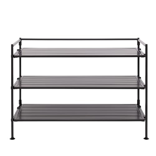 Seville Classics Sturdy Freestanding Storage Shelf for Bedroom, Closet, Entryway, Dorm Room Organizer, Stackable Metal 3-Tier 2" Resin Slat Shoe Rack, Espresso