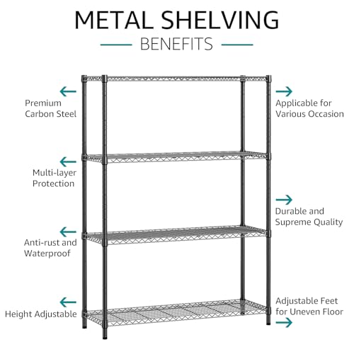 IZEUK 1400 LBS Garage Black Shelving Wide Storage Shelves 4 Tier Adjustable Heavy Duty Metal Wire Rack Standing Shelf Unit for Kitchen Office College Dorm Garage Warehouse 15.8" x 45.8"x 59.4"
