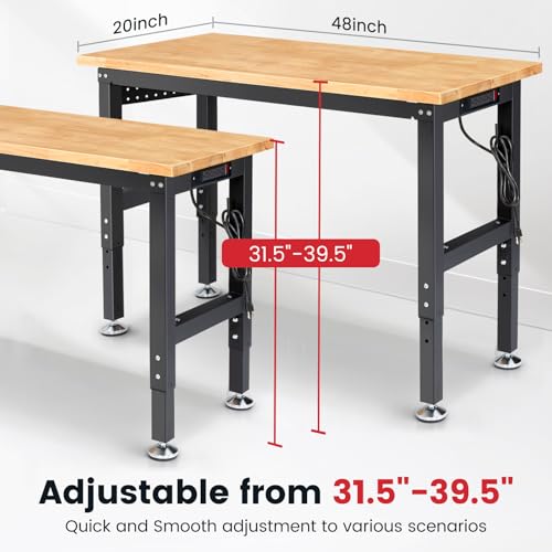 ENJOYWOOD 48" x 20" Adjustable Height Workbench Heavy Duty Rubberwood Work Table with Pegboard & Power Outlets for Garage, Workshop, Home & Office