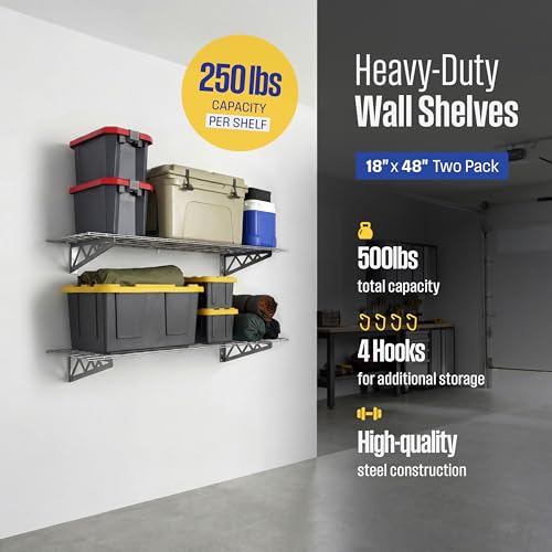 SafeRacks Wall Shelves - 2 Pack of 18 x48 Garage Wall Mounted Shelving, Wire Storage Racks, Utility Shelf, Heavy Duty Shelves with 4 Accessory Hooks, 500lbs Capacity, Color: Hammertone
