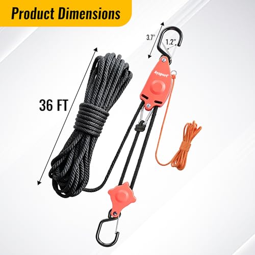 Ayaport Self Locking Block and Tackle Pulley System with 36' x 3/8" Rope, Hoist Limit 70LBS, Tie Down Limit 350LBS Rope Hoist Hanger for Bike, Kayak, Deer Hunting Garage Storage Gear,1 Pack