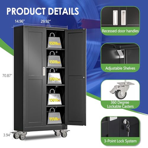 AUEYTVR 71" Metal Garage Storage Cabinet with Wheels and Locking Doors and Tall Rolling Steel Tool Cabinet with 4 Adjustable Shelves for Garage,Home,Office,Shop (Black, 71''H x 30''W x15''D)