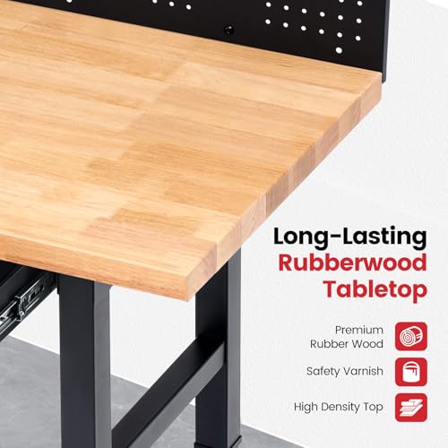 ENJOYWOOD 60" x 22" Heavy Duty Workbench Adjustable Height Garage Work Table with Solid Rubberwood Top, Wheels, Drawers, Pegboards & Power Outlets for Workshop, Home & Office