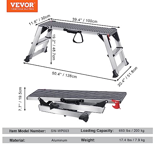 VEVOR Folding Work Platform, 40"×12"×20" Aluminum Drywall Stool Ladder, 660 lbs Load Capacity Heavy Duty Work Bench w/Non-Slip Feet, Ideal for Washing Vehicles, Cleaning, Painting, Decorating