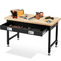 48” Adjustable Workbench with Drawer Storage, 2000 LBS Load Capacity Heavy Duty Workstation with Power Outlets, Rubber Wood Top Worktable for Garage, Office,Workshop, Commercial