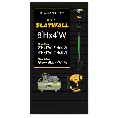 Heavy Duty 8x4 PVC Garage SlatWall Storage System (with Endcaps & Screws) - Modular Slat Wall Paneling for Garage Wall Organizer - Interlocking SlatWall Panels for Home & Commercial Use (Black)