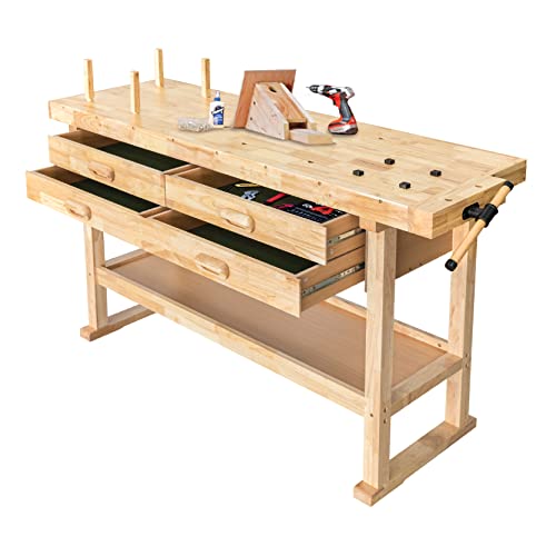 Olympia Tools 64.5” Rubber Hardwood Workbench with 4-Drawers & Clamp, 450 lb Capacity – Heavy-Duty Woodworking Storage, Tools Organizer, and Craftsman Standing Station Table for Workshop