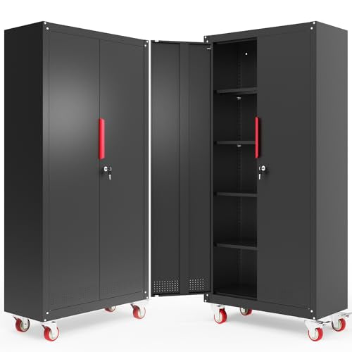 Rumetol Metal Storage Cabinet with Wheels,71" Garage Cabinets with 4 Adjustable Shelves and Lockable Doors,Black Locking Cabinet Suitable for Garages,Home,Office