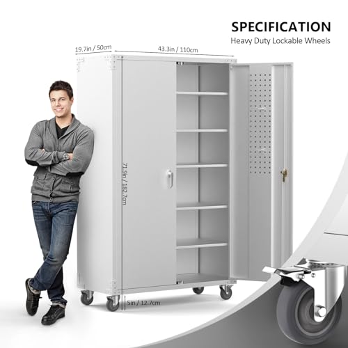 VINGLI Upgraded Wide & Deep Garage Storage Cabinet, Metal Storage Cabinet with Pegboards, Wheels, Locking Doors and Adjustable Shelves (Gray, 43''W x 20''D x 72''H)