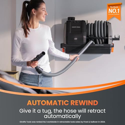 Giraffe Tools Grandstorm Retractable Vacuum Cleaner Wall-Mounted, Shop Wet Dry Vacuum Cleaner with 6 Nozzles for Car Detailing Remote Control Garage Vacuum, Grey, 30ft Hose