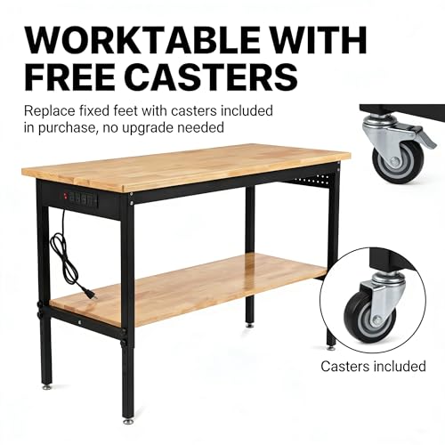 48/60/70 Inch Adjustable Workbench with Power Outlet Heavy Duty 2500 LBS Load Capacity Hardwood Work Table for Garage 6 Level Height Adjustable Workshop Bench with Wheels (60"x24"Double-Layer)