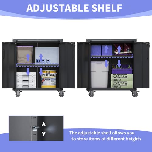 EKJ Metal Garage Storage Cabinet on Wheels, Lockable Rolling Tool Cabinet with Doors and Shelves, Heavy Duty Mobile Steel Cabinet for Garage Warehouse Workshop