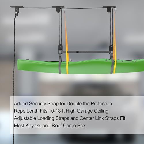 TRUSOON Upgrade Kayak Hoist for Garage Ceiling, Heavy-Duty Kayak Storage Lift Pulley System with Safety Straps, Holds Up to 150 lbs Capacity, Fit 10-18 Foot Ceilings, Black
