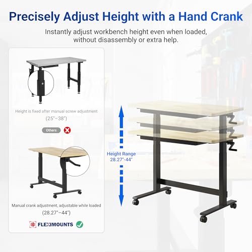FLEXIMOUNTS 47.2" x 23.6" Adjustable Height Workbench with Hand Crank, Drawers & 360° Wheels – Rubber Wood Top Heavy-Duty Workstation & Steel Frame for Garage, Studio, Kitchen or Workshop